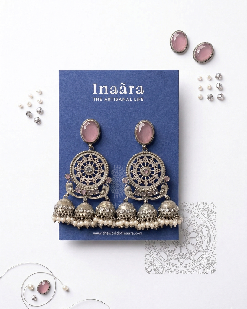 Silver Toned Jhumka Dangle Earrings-Pink