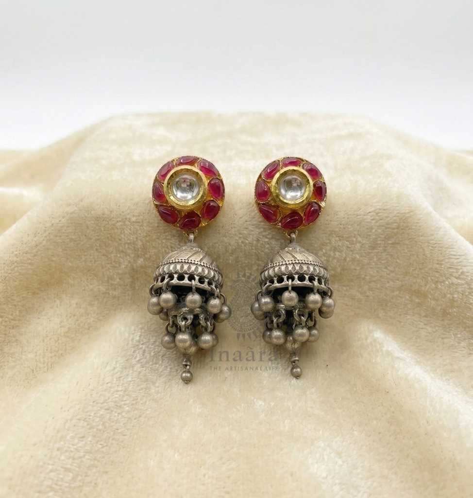 Pink Stone Silver Tone Jhumka Earrings