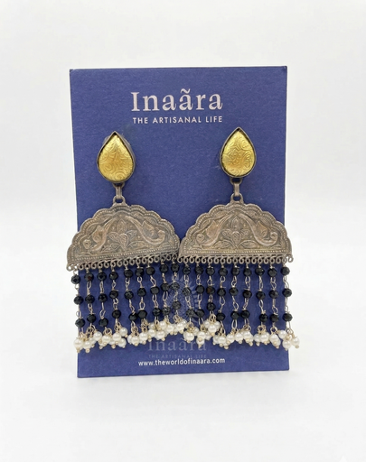 Peacock w/Colored Beads Earrings-Black