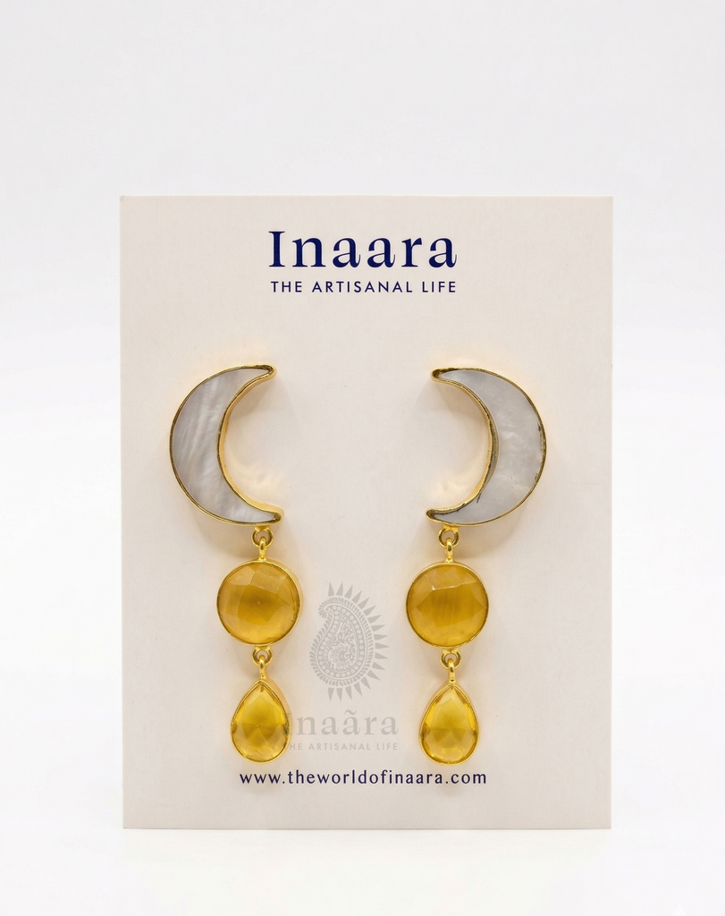 Crescent Moon Stone Earrings-Yellow