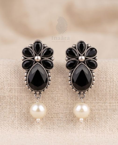 Onyx Floral Pearl Drop Earrings