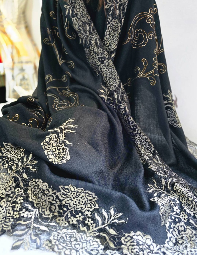 Nazakat Lace Trimmed Cashmere Shawl-Black